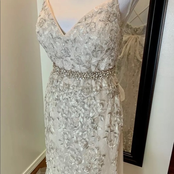 Embroidered and Beaded Lace Sheath Wedding Dress - Picture 5 of 10